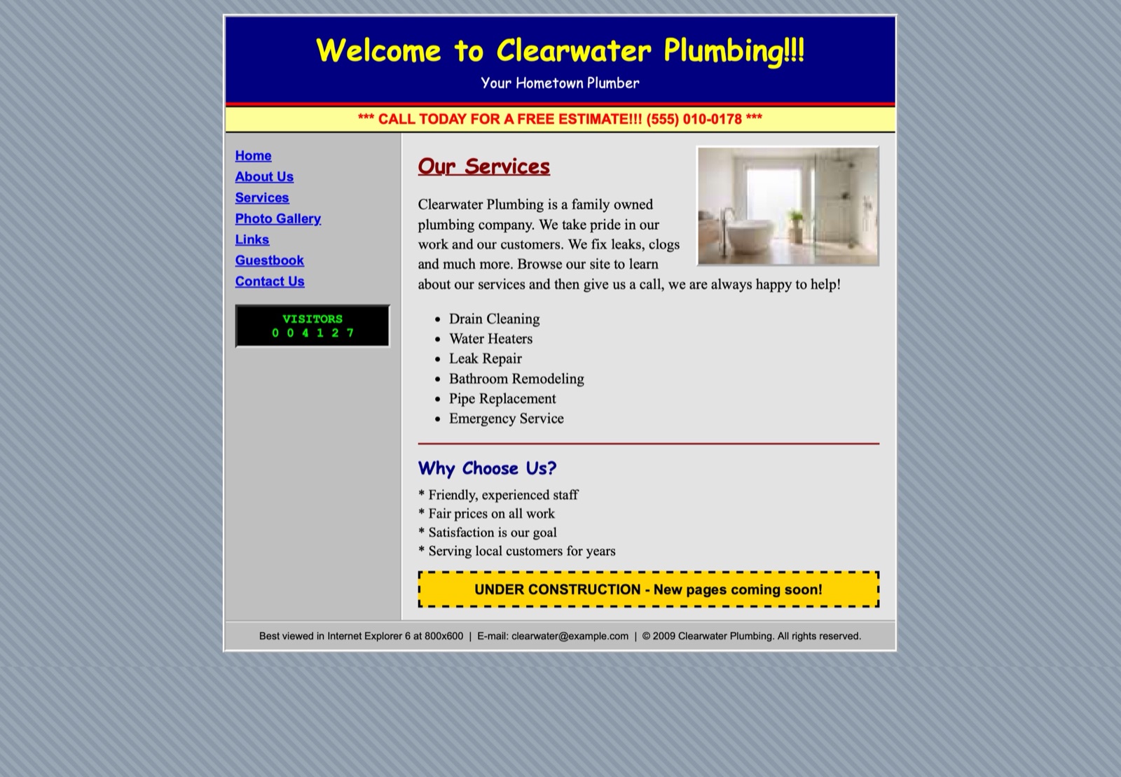 An outdated website for a made-up plumber